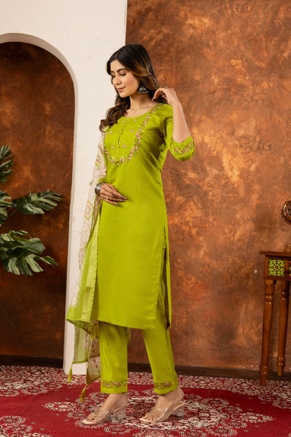 Lime Green Hand Embroidered Marina Silk Suit Set with Muslin Dupatta