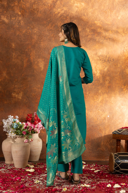 Rama Green Hand Embroidered Marina Silk Suit Set with Viscose Mina Dupatta