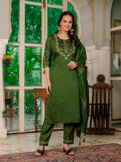Mehndi Green Embroidered Marina Silk Suit Set with Maslin Dupatta