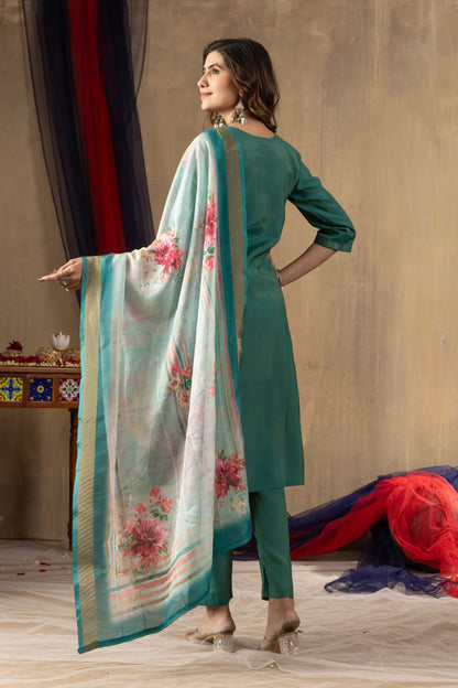 Rama Green Embroidered Shimmer Silk Suit Set with Digital Print Muslin Dupatta