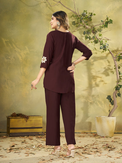Premium Brown Embroidered Heavy Rayon Co-ord Set