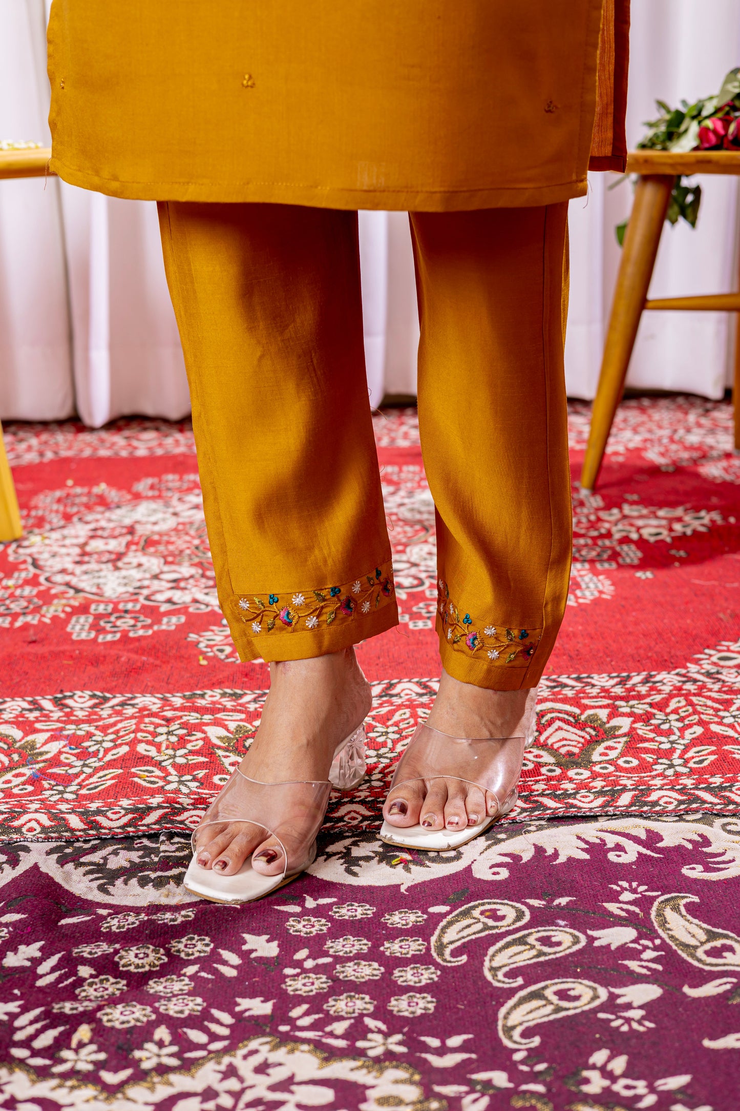 Mustard Yellow Embroidered Viscose Silk Suit Set with Printed Chanderi Dupatta