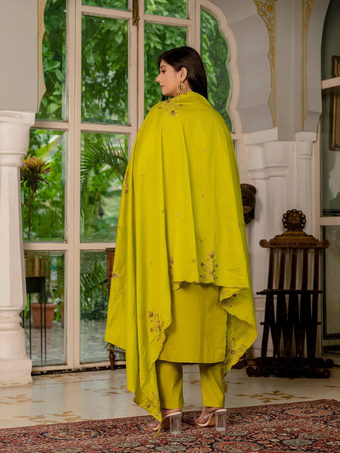 Mustard Yellow Embroidered Marina Silk Suit Set with Maslin Dupatta