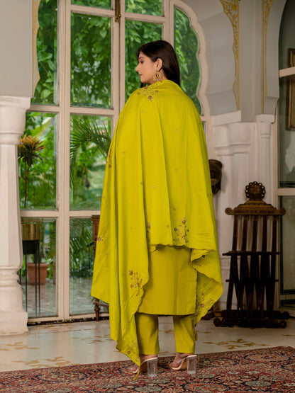 Mustard Yellow Embroidered Marina Silk Suit Set with Maslin Dupatta
