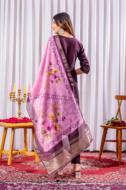Deep Wine Embroidered Viscose Silk Suit Set with Printed Chanderi Dupatta