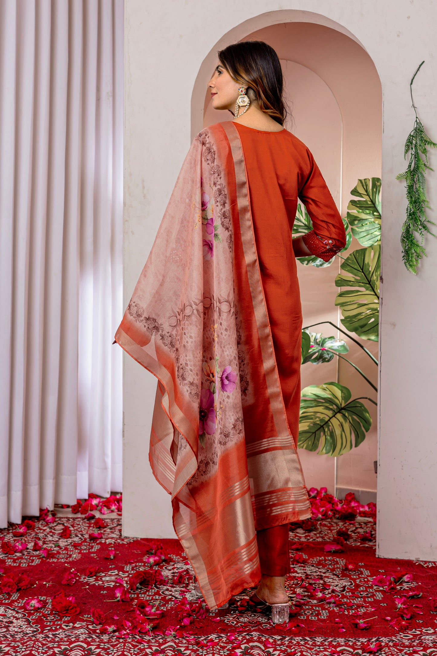Vibrant Orange Embroidered Viscose Silk Suit Set with Printed Chanderi Dupatta