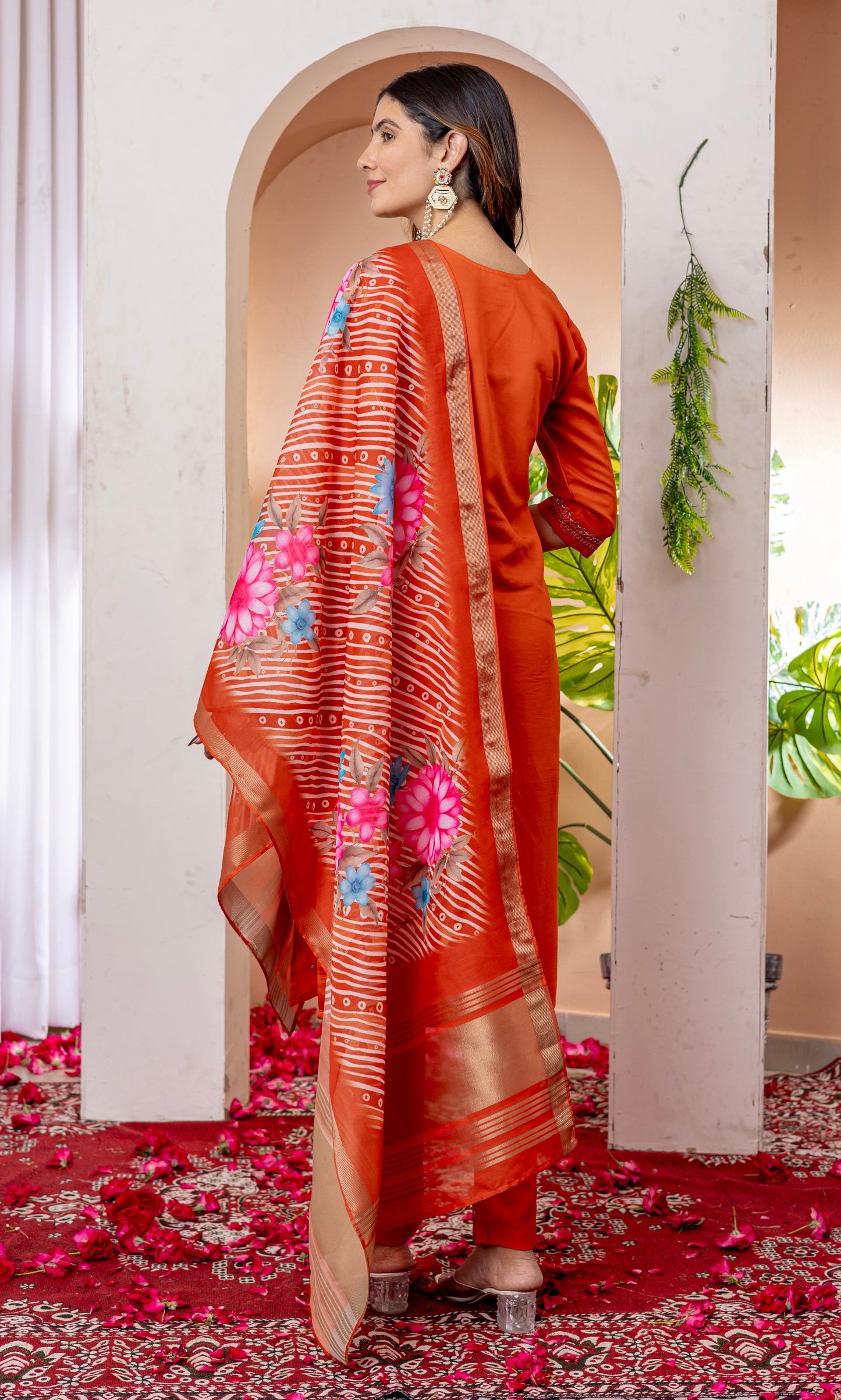 Vibrant Orange V-Neck Marina Viscose Silk Suit Set with Printed Chanderi Dupatta