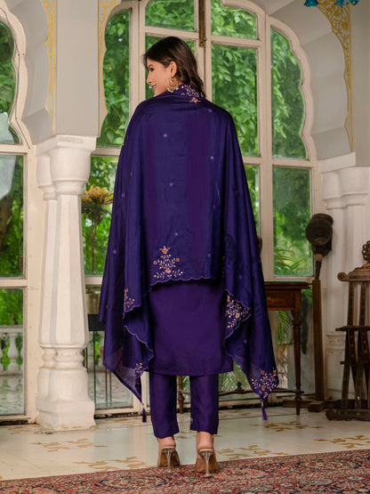 Deep Violet Embroidered Marina Silk Suit Set with Maslin Dupatta