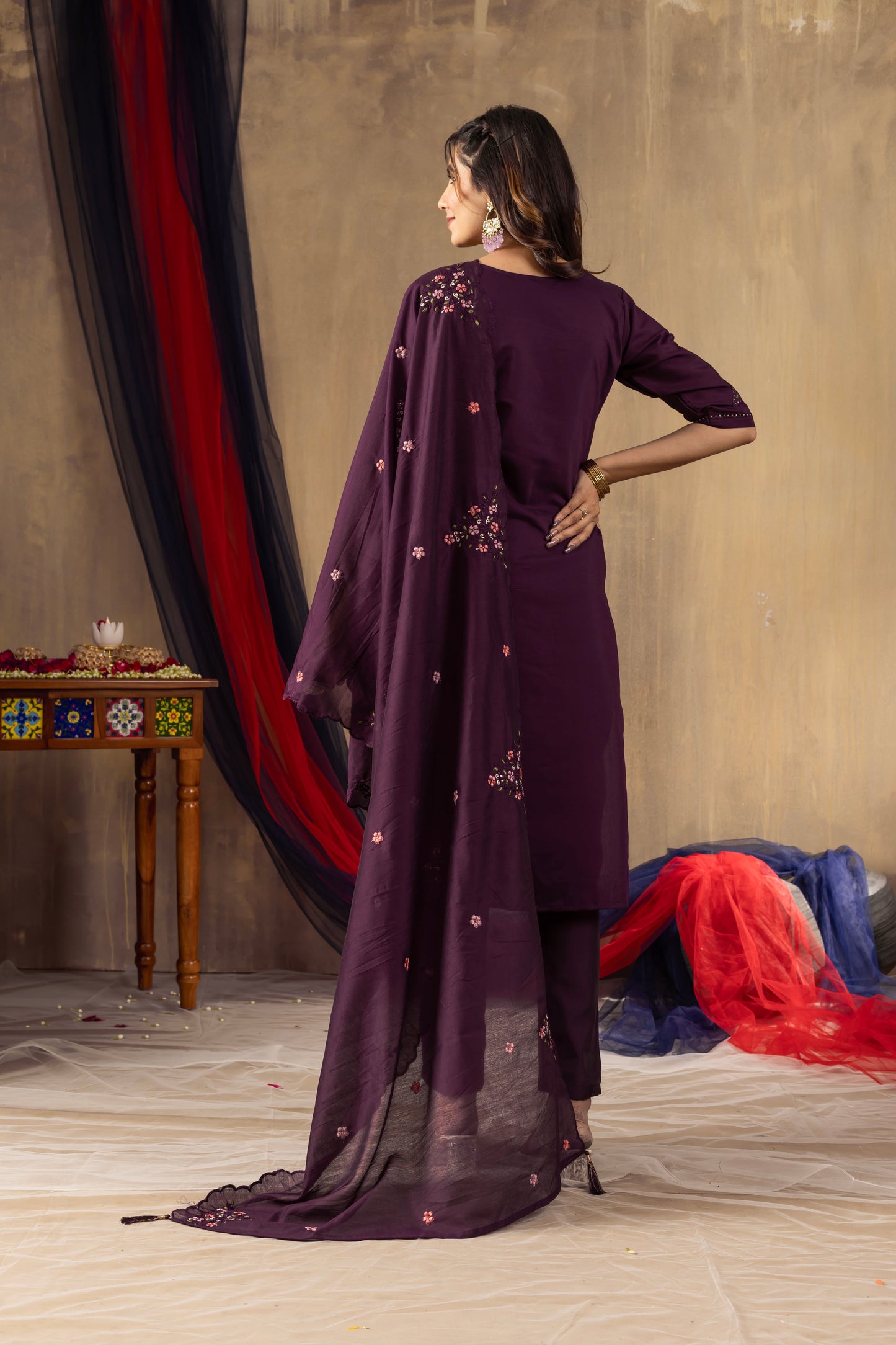 Deep Wine Embroidered Roman Silk Suit Set with Scalloped Chanderi Dupatta