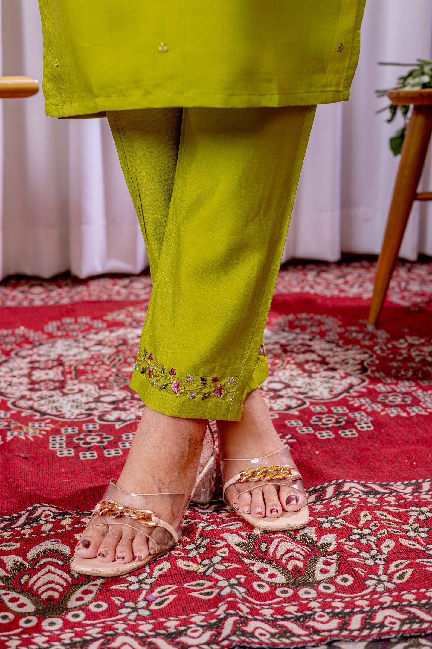Parrot Green Embroidered Viscose Silk Suit Set with Printed Chanderi Dupatta