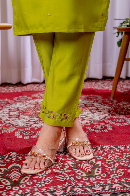 Parrot Green Embroidered Viscose Silk Suit Set with Printed Chanderi Dupatta