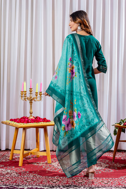 Emerald Green Embroidered Viscose Silk Suit Set with Printed Chanderi Dupatta