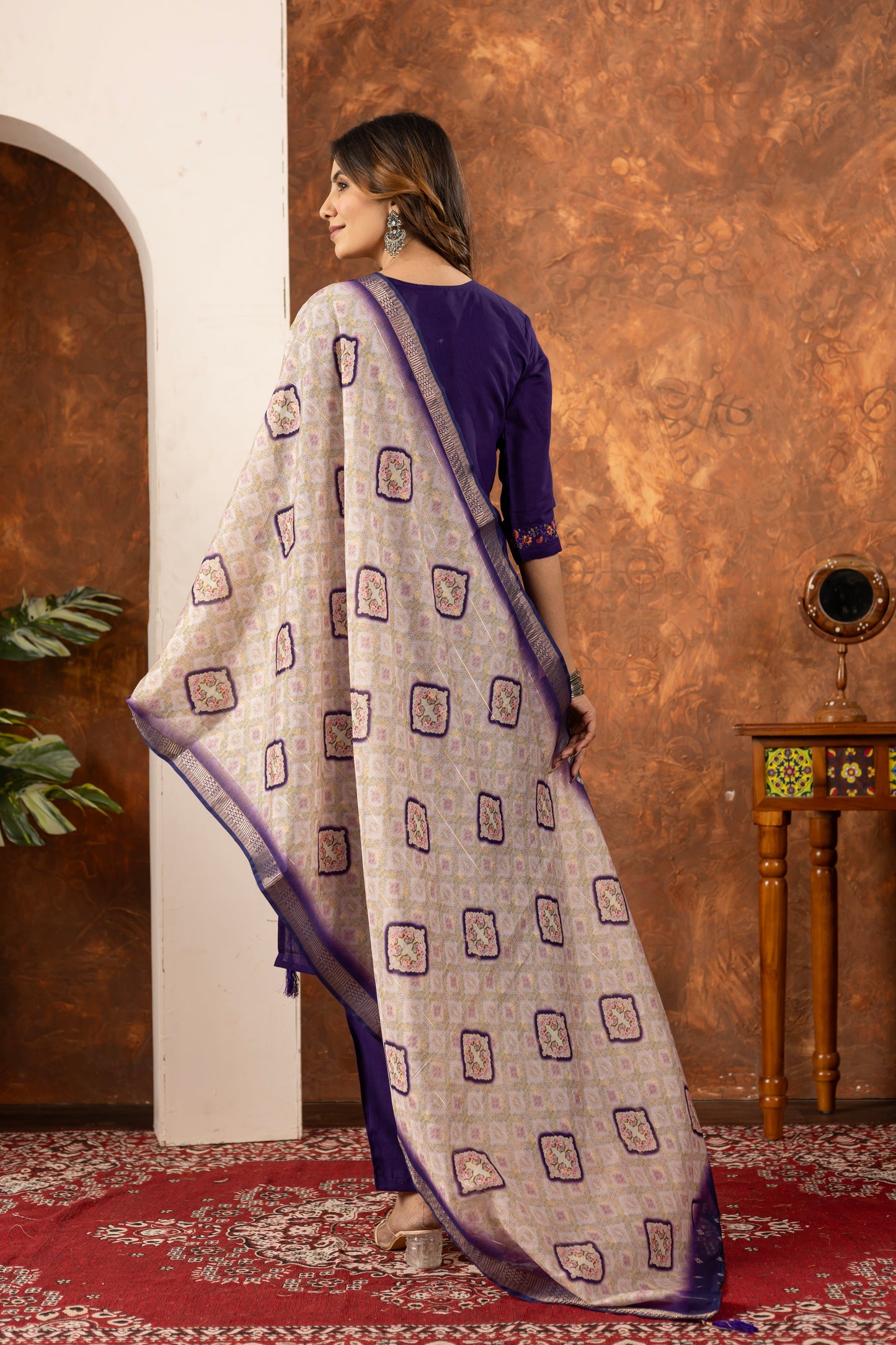 Deep Purple Hand Embroidered Marina Silk Suit Set with Muslin Dupatta