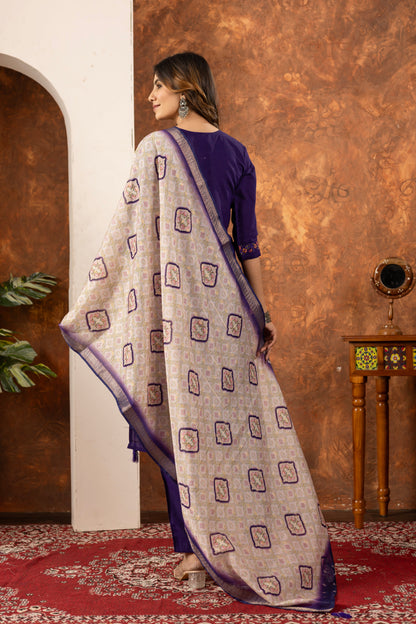 Deep Purple Hand Embroidered Marina Silk Suit Set with Muslin Dupatta