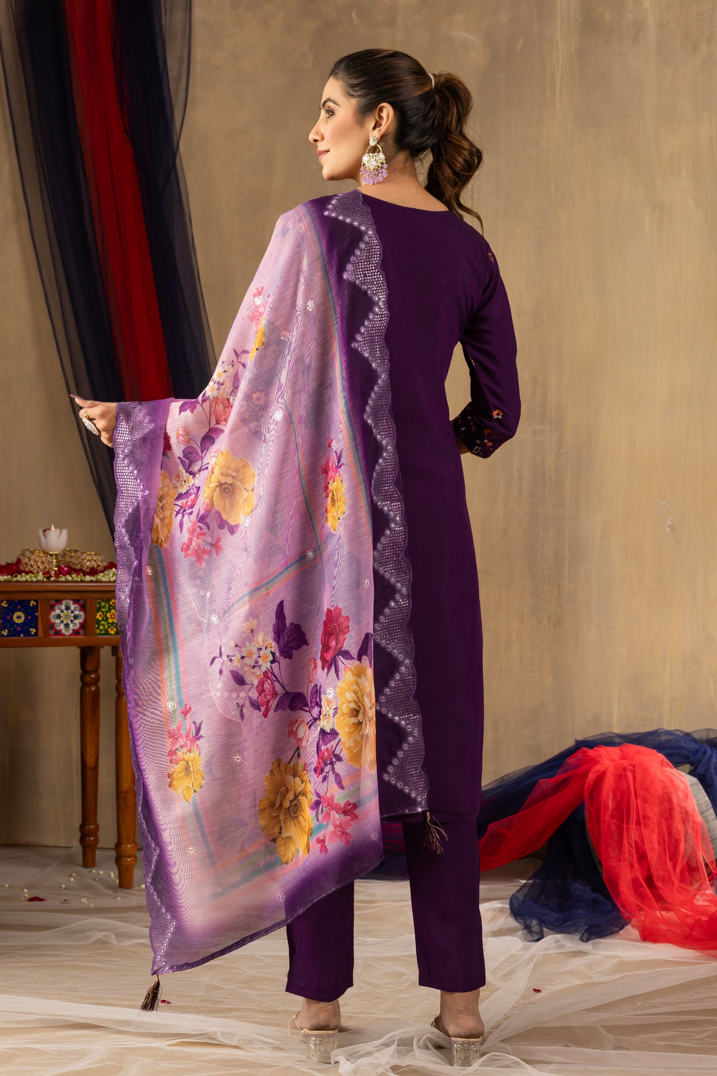 Deep Purple Embroidered Roman Silk Suit Set with Floral Mirror