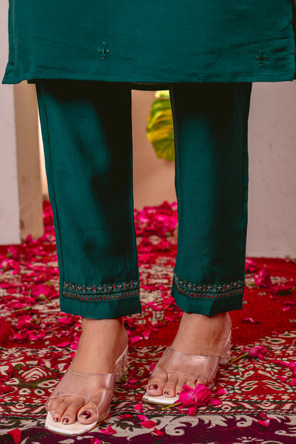 Forest Green Embroidered Marina Viscose Silk Suit Set with Floral Chanderi Dupatta
