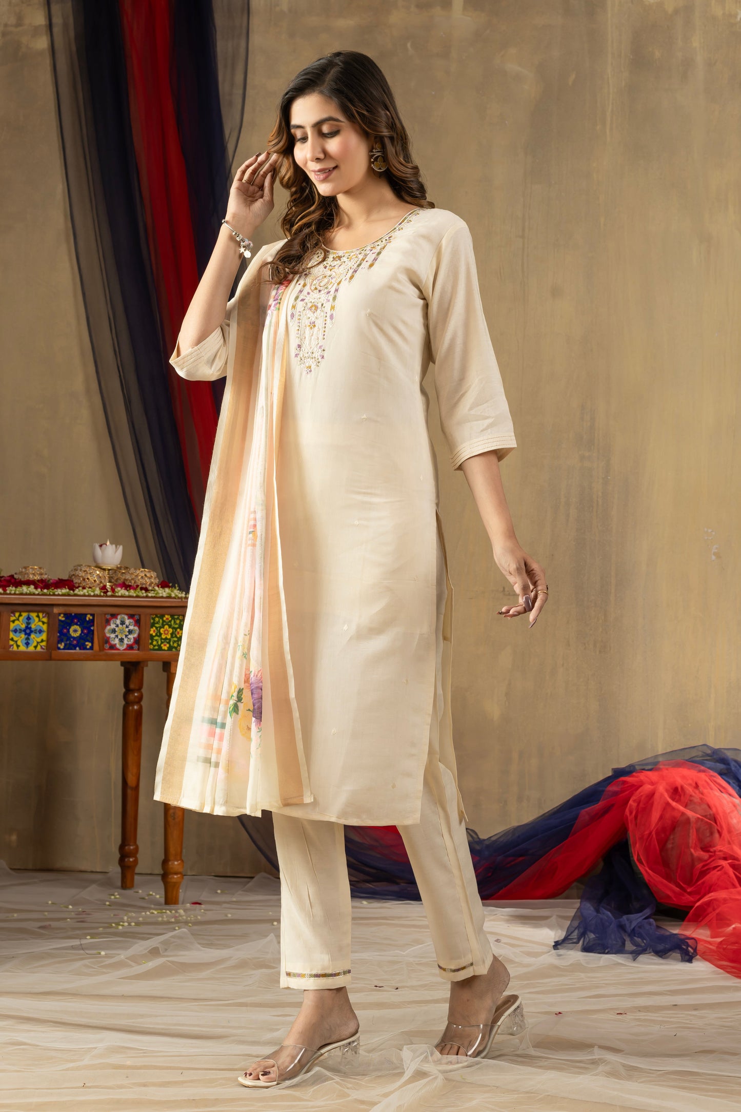Off-White Embroidered Shimmer Silk Suit Set with Digital Print Muslin Dupatta