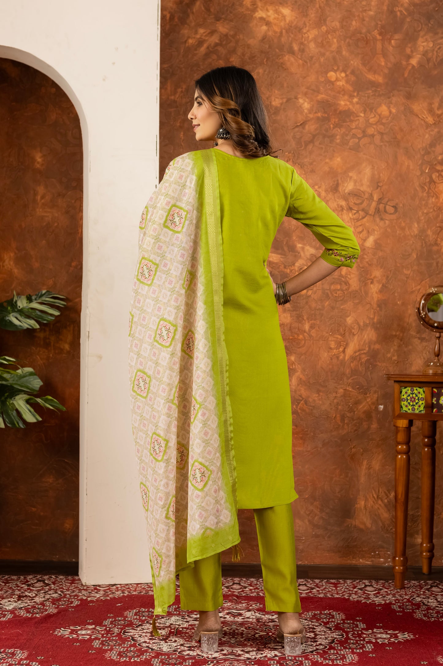 Lime Green Hand Embroidered Marina Silk Suit Set with Muslin Dupatta
