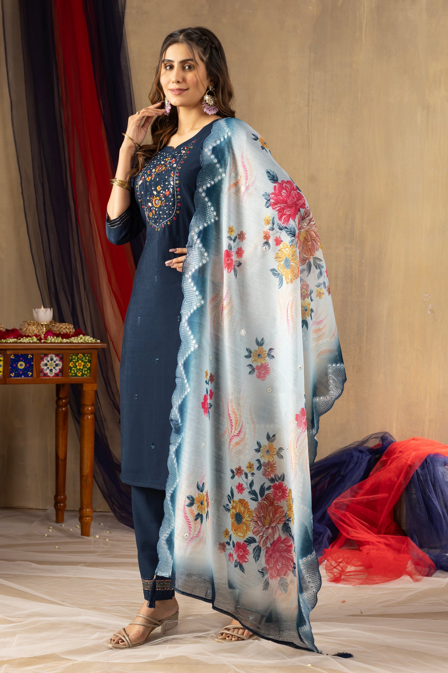 Navy Blue Embroidered Straight Suit Set with Floral Scalloped Dupatta