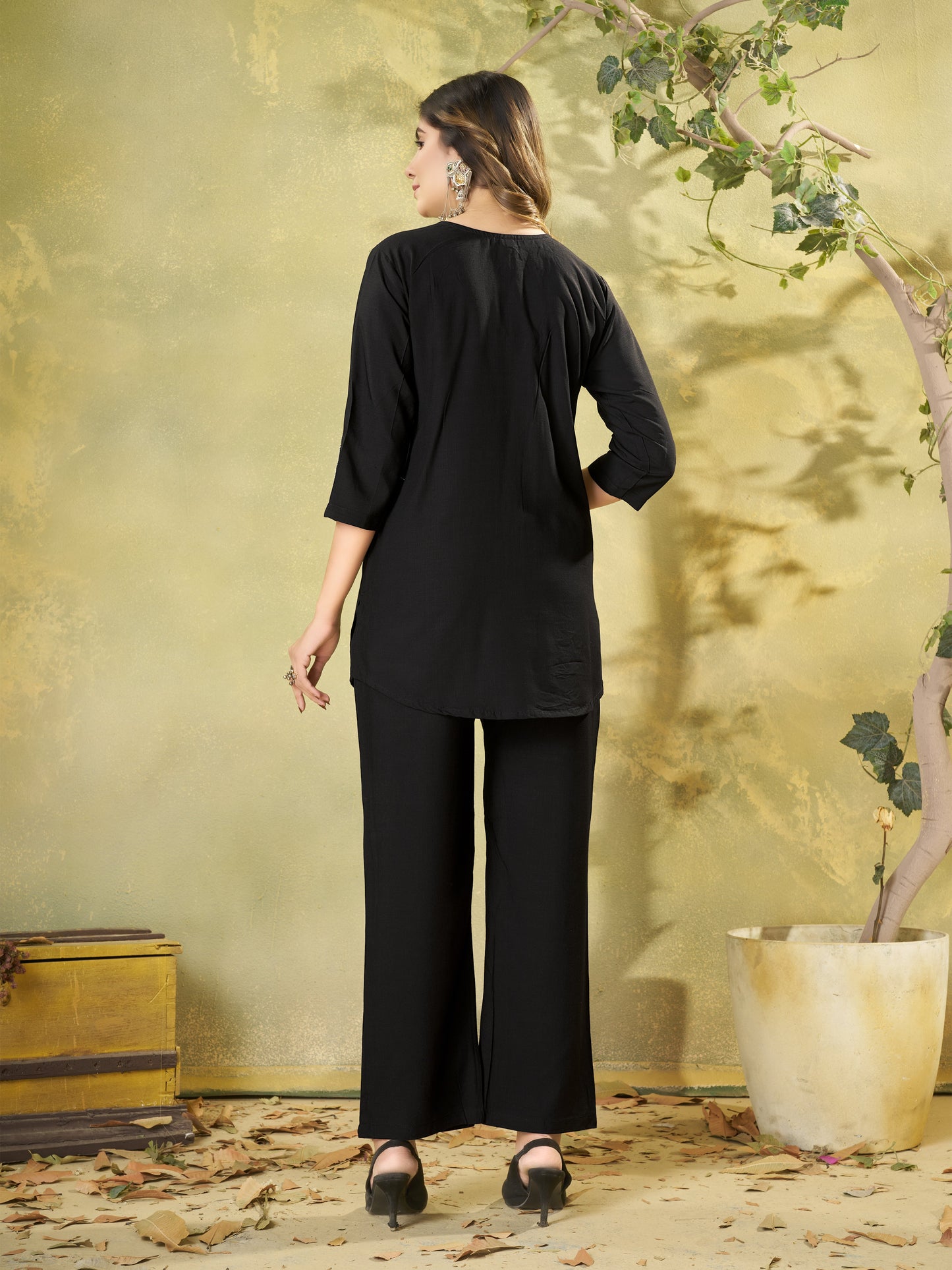 Premium Black Embroidered Heavy Rayon Co-ord Set with Pockets