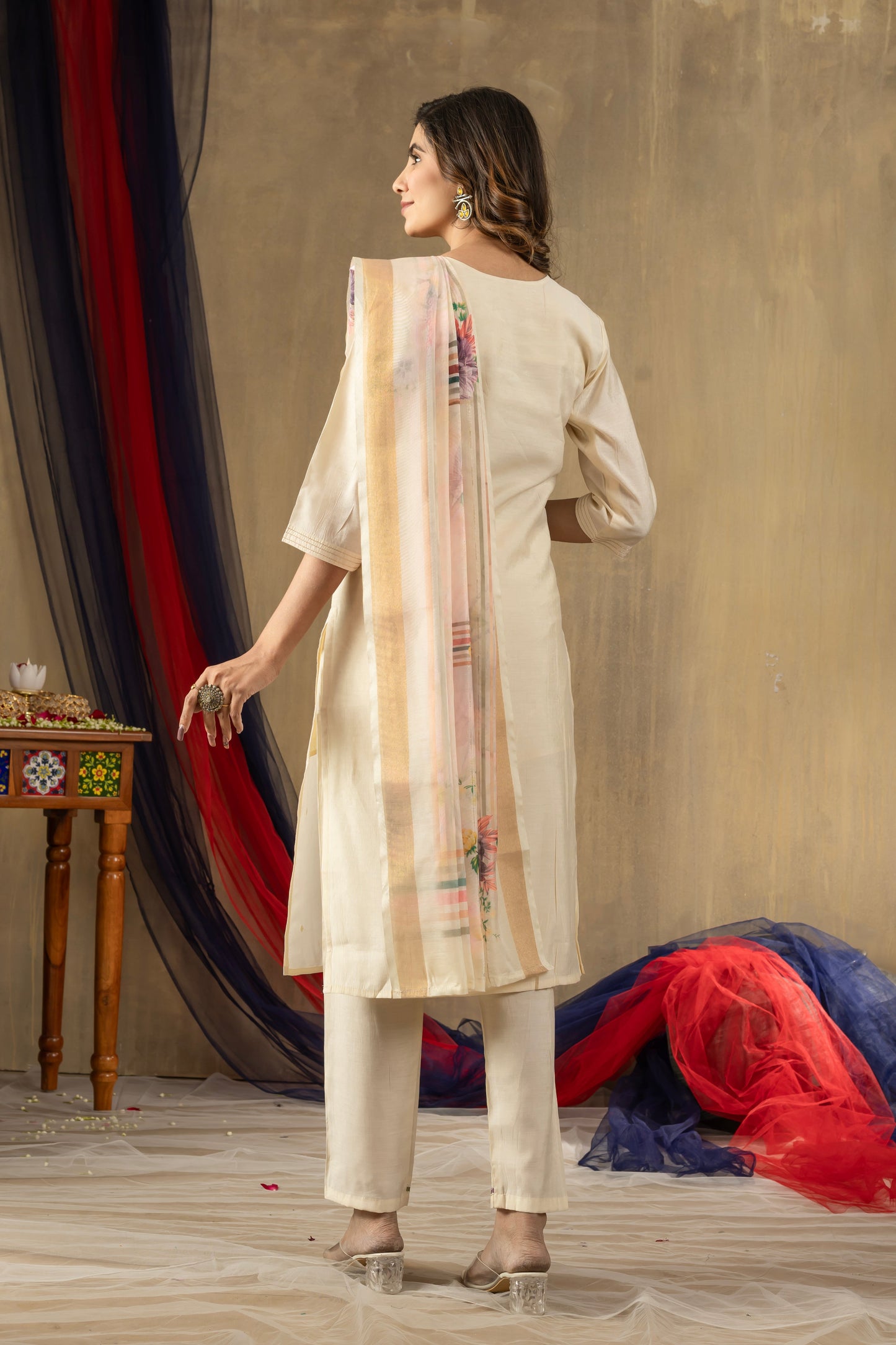 Off-White Embroidered Shimmer Silk Suit Set with Digital Print Muslin Dupatta