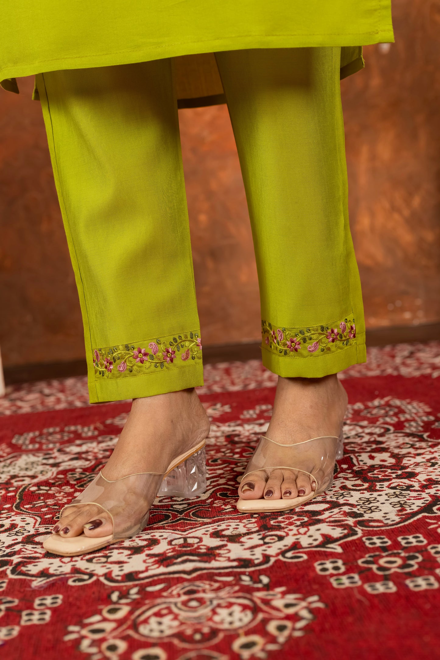 Lime Green Hand Embroidered Marina Silk Suit Set with Muslin Dupatta