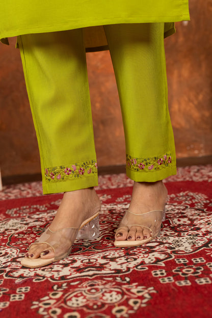 Lime Green Hand Embroidered Marina Silk Suit Set with Muslin Dupatta