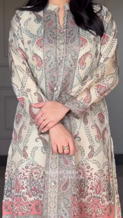 Premium Beige Kashmiri Print Berry Silk Suit Set with Dupatta