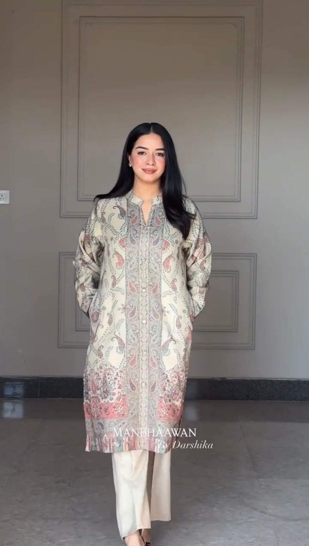 Premium Beige Kashmiri Print Berry Silk Suit Set with Dupatta