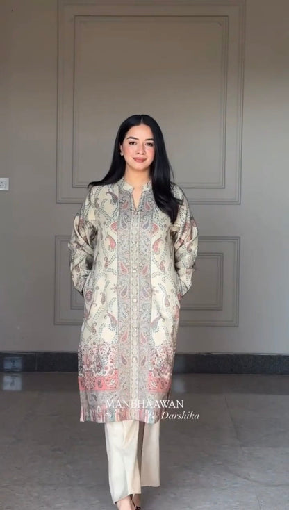 Premium Beige Kashmiri Print Berry Silk Suit Set with Dupatta