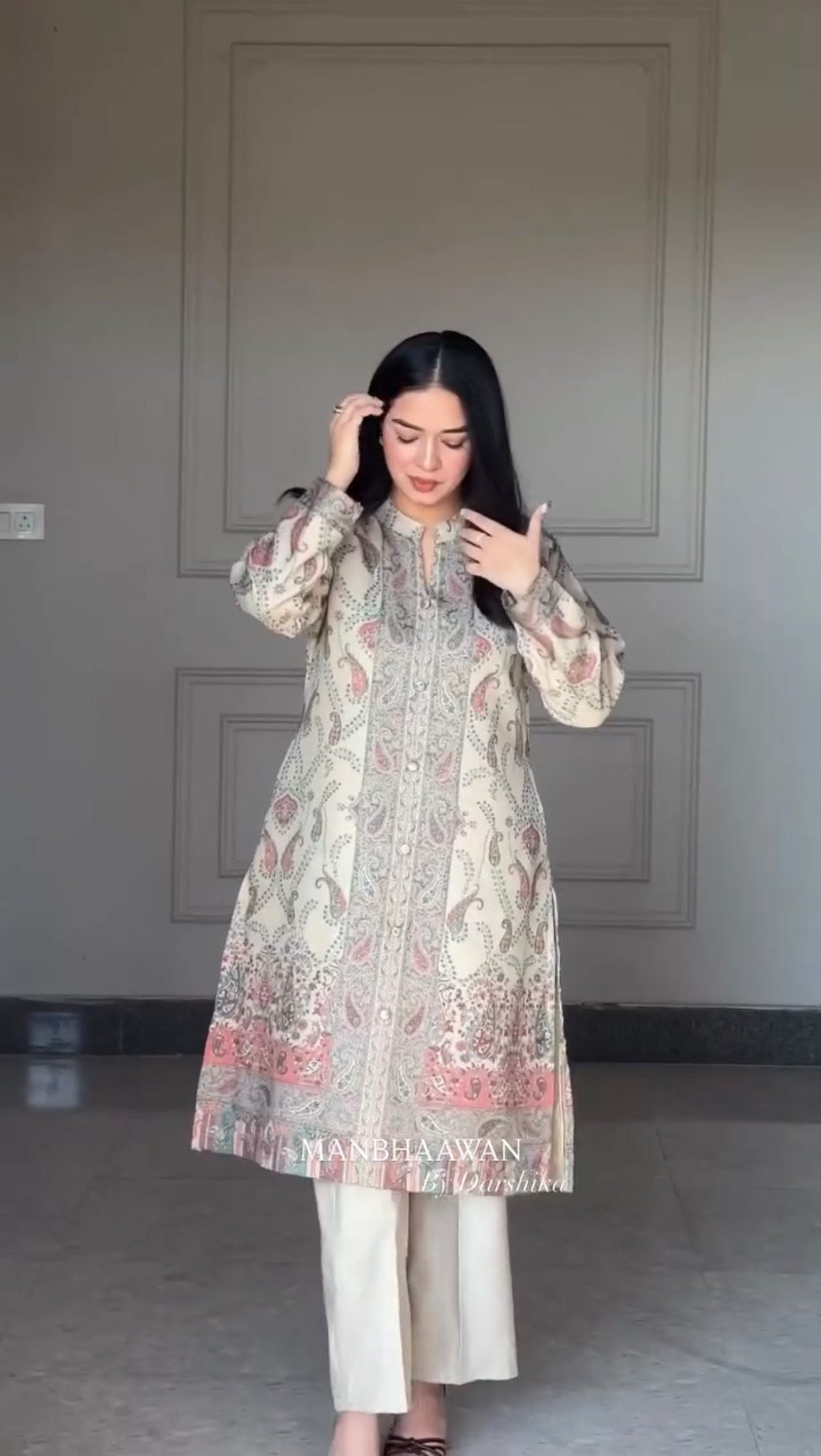 Premium Beige Kashmiri Print Berry Silk Suit Set with Dupatta