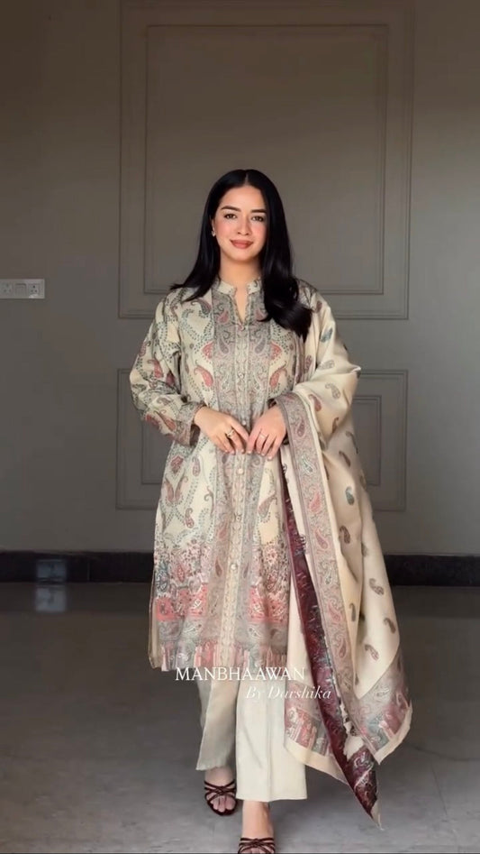 Premium Beige Kashmiri Print Berry Silk Suit Set with Dupatta