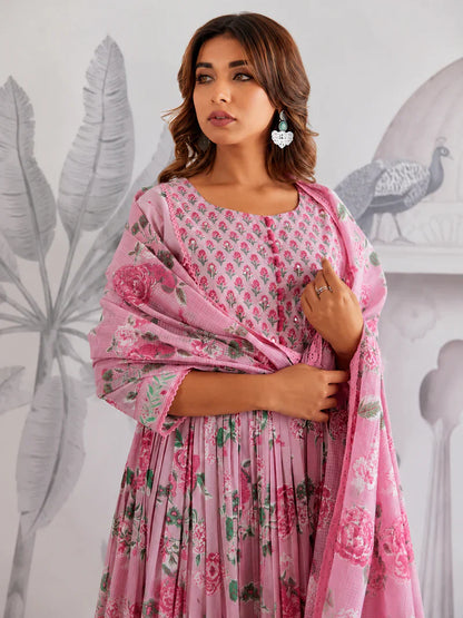 Premium Soft Pink Floral Jaipuri Cotton Flared Anarkali Suit Set