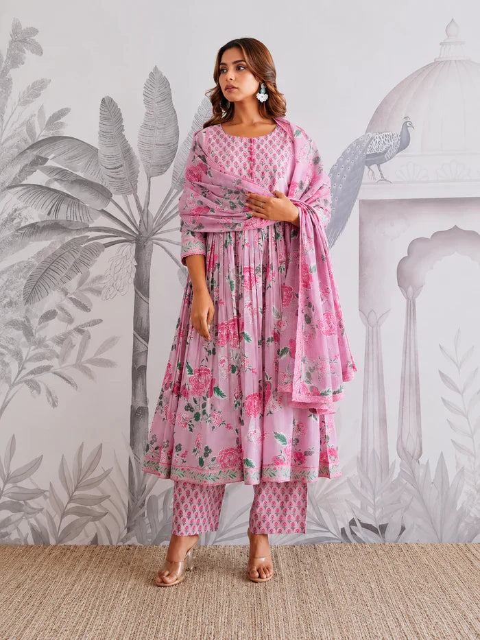 Premium Soft Pink Floral Jaipuri Cotton Flared Anarkali Suit Set
