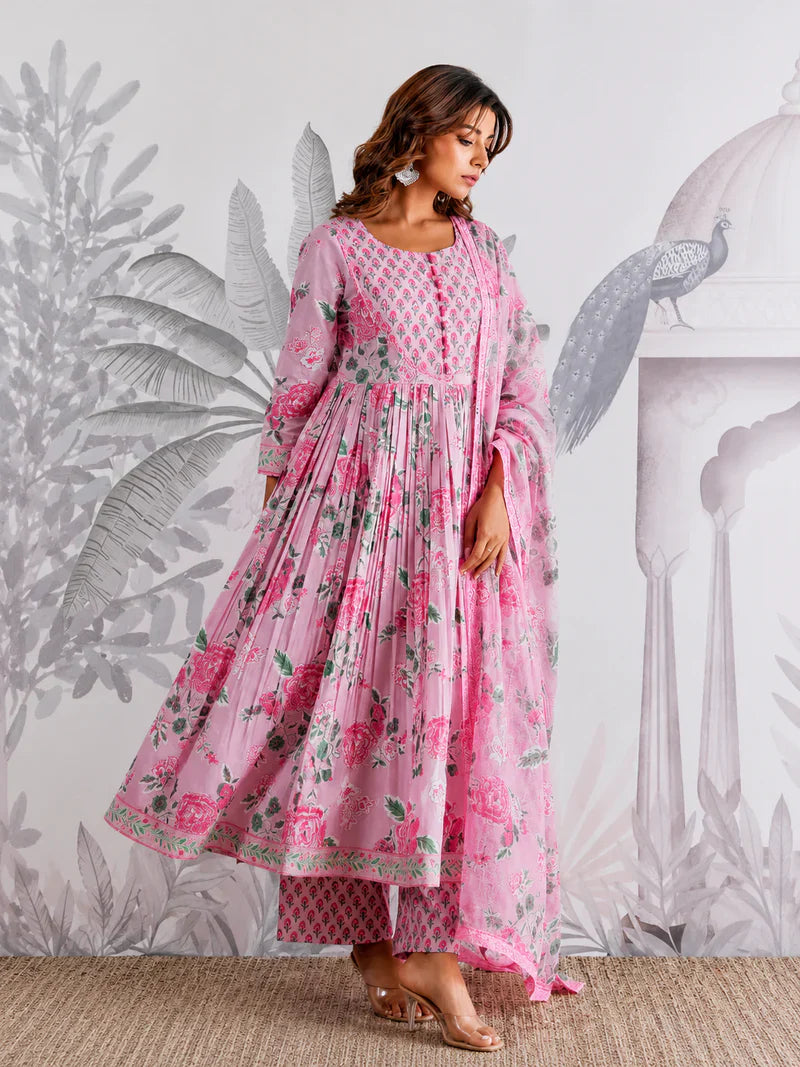 Premium Soft Pink Floral Jaipuri Cotton Flared Anarkali Suit Set