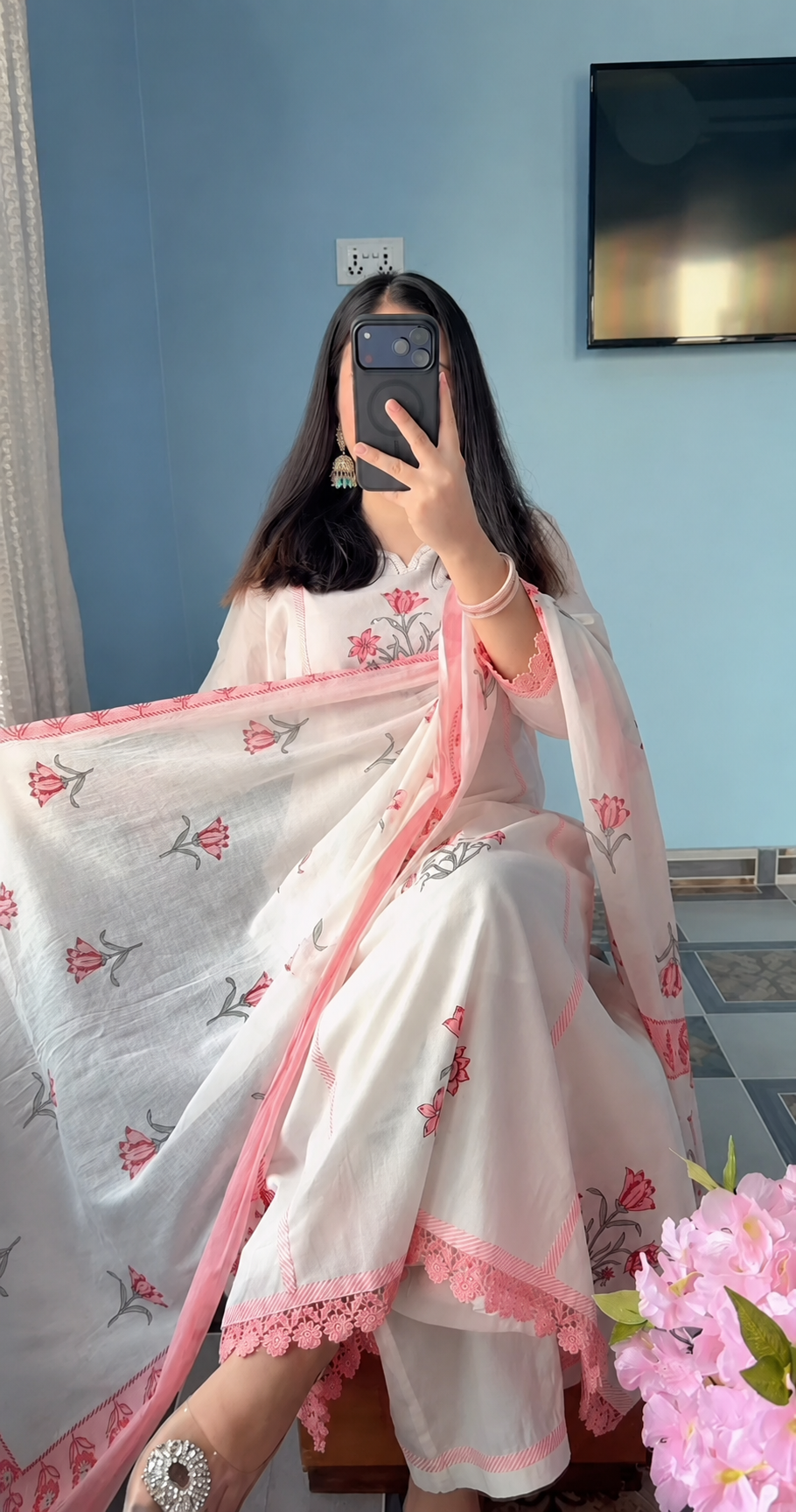 Jaipuri Off-White & Pink Floral Block Print Cotton Suit Set
