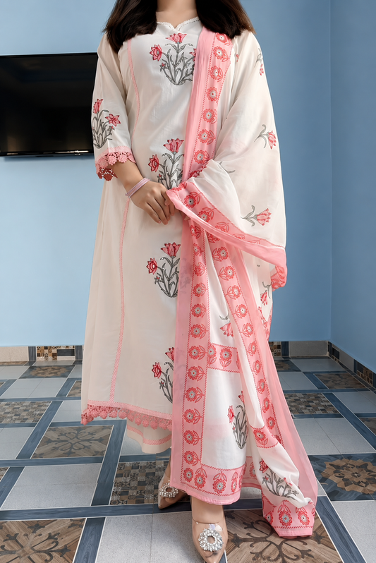Jaipuri Off-White & Pink Floral Block Print Cotton Suit Set