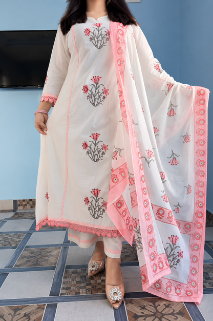 Jaipuri Off-White & Pink Floral Block Print Cotton Suit Set
