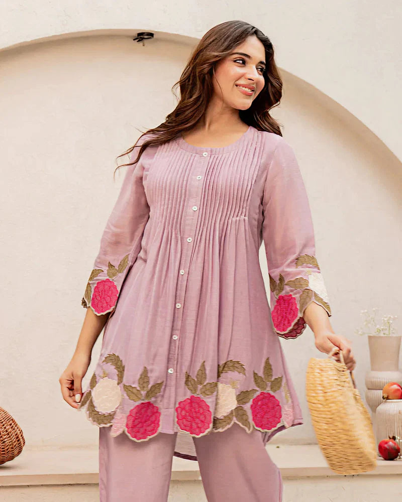 Elegant Lavender Floral Embroidered Mul Chanderi Co-ord Set
