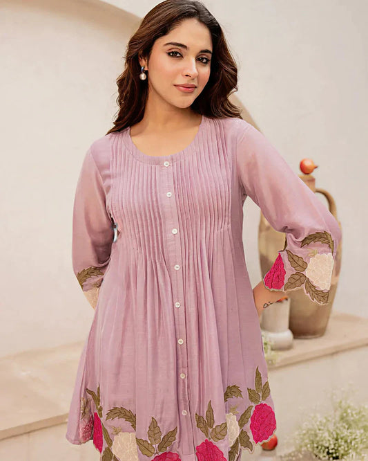 Elegant Lavender Floral Embroidered Mul Chanderi Co-ord Set