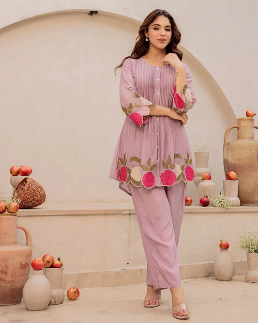 Elegant Lavender Floral Embroidered Mul Chanderi Co-ord Set