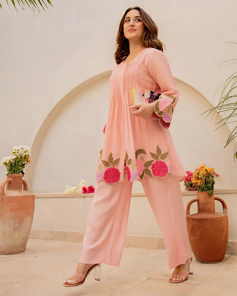 Elegant Peach Floral Embroidered Mul Chanderi Co-ord Set