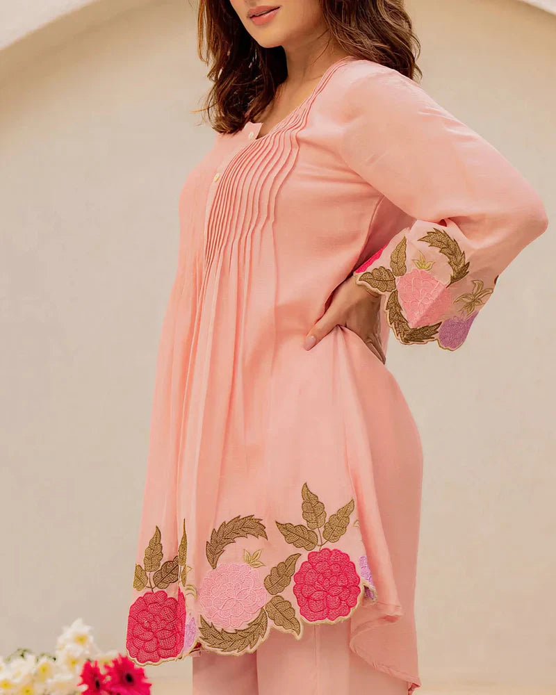 Elegant Peach Floral Embroidered Mul Chanderi Co-ord Set