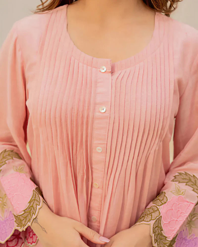 Elegant Peach Floral Embroidered Mul Chanderi Co-ord Set