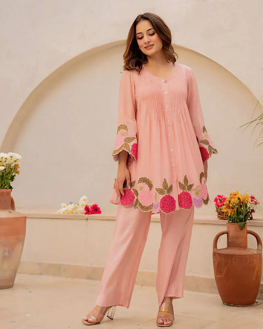 Elegant Peach Floral Embroidered Mul Chanderi Co-ord Set