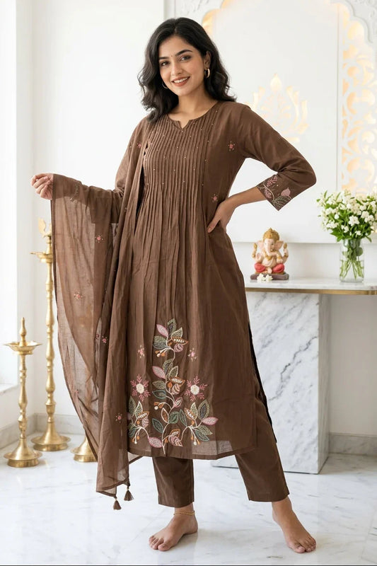 Premium Chocolate Brown Embroidered Cotton Blend Kurti & Pant Set with Dupatta