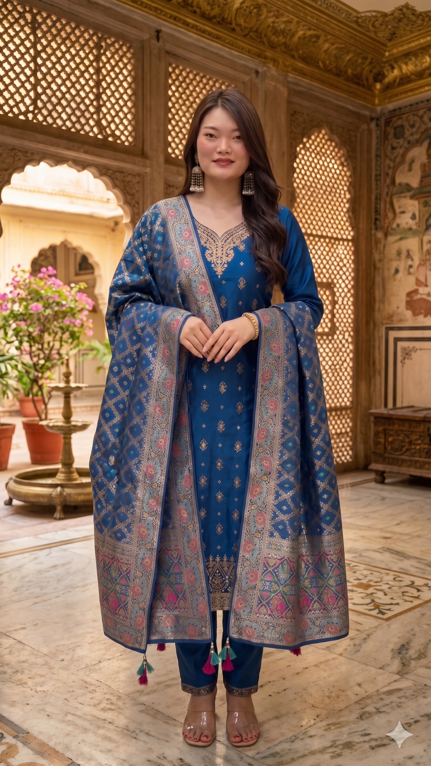 BUNND Premium Peacock Blue Kanjivaram Tissue Jacquard Suit Set
