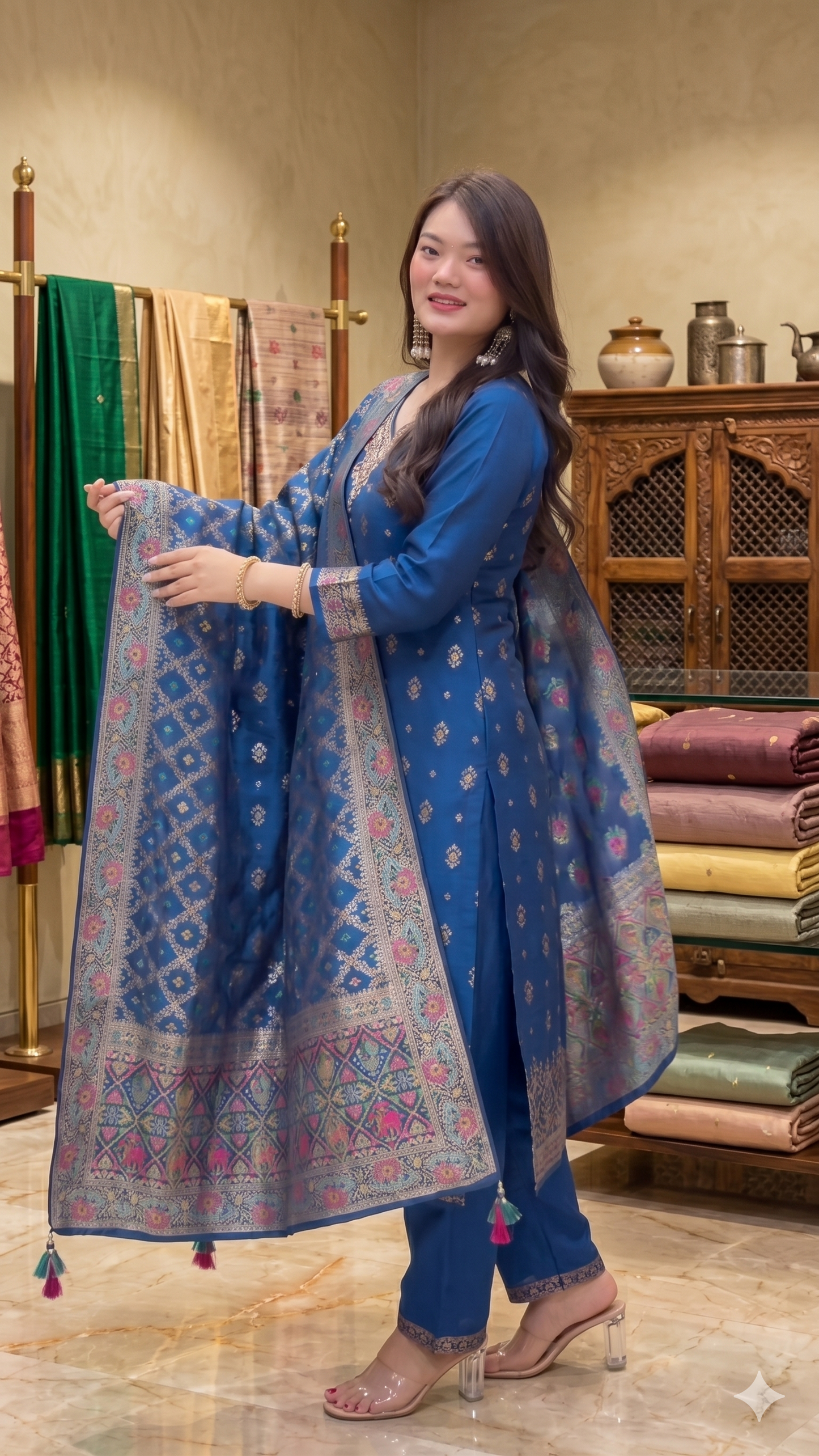 BUNND Premium Peacock Blue Kanjivaram Tissue Jacquard Suit Set