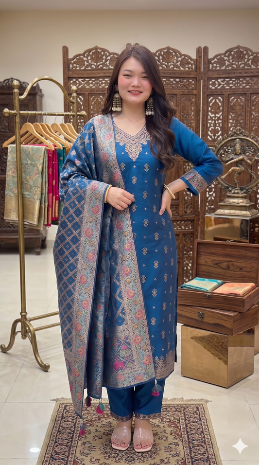 BUNND Premium Peacock Blue Kanjivaram Tissue Jacquard Suit Set