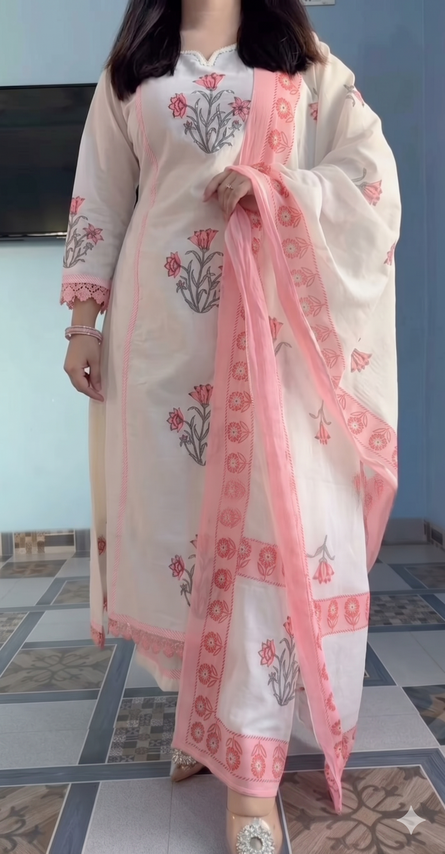 Jaipuri Off-White & Pink Floral Block Print Cotton Suit Set